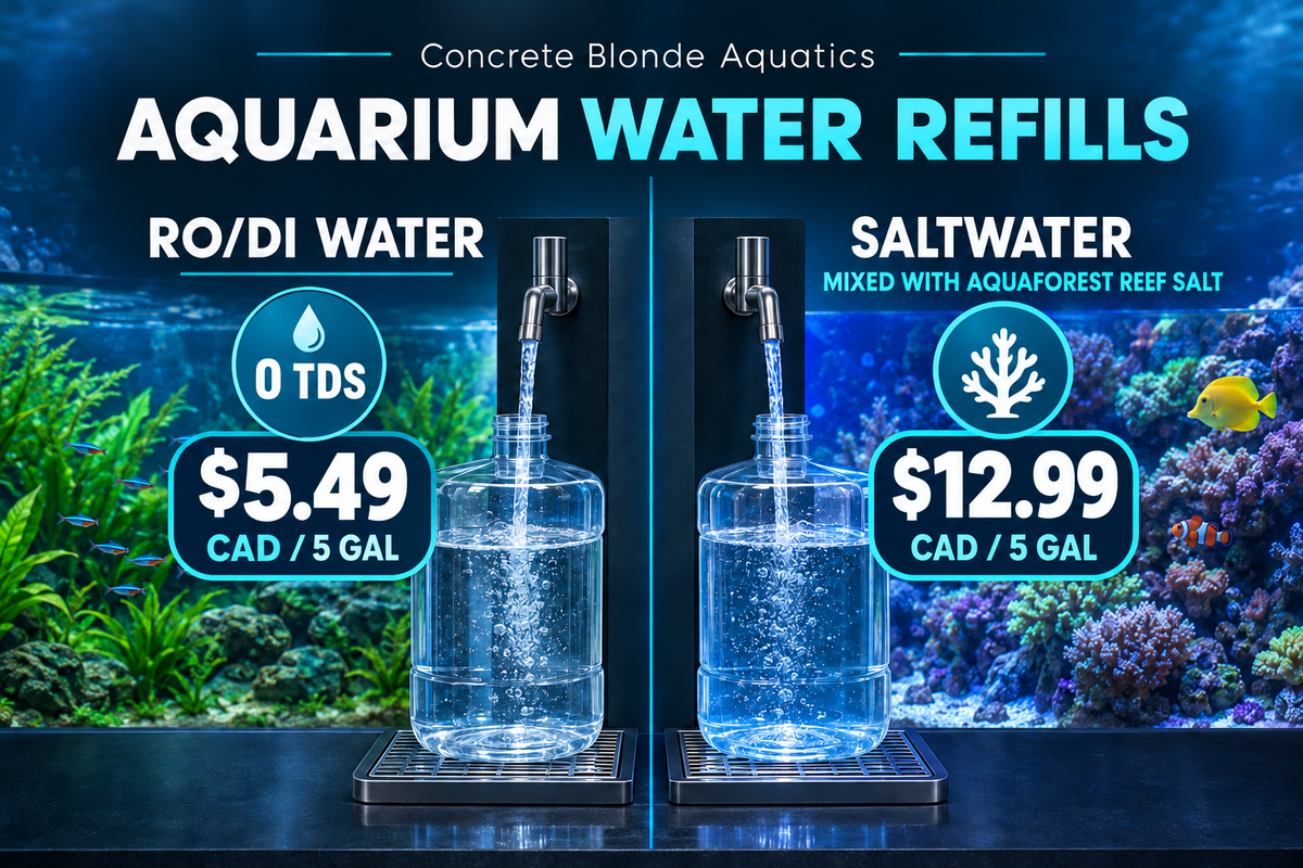 Refill station image with RO/DI priced at $5.49 CAD per 5 gallons and saltwater at $12.99 CAD per 5 gallons